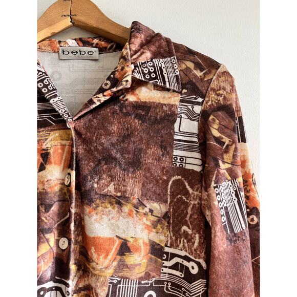 Vintage 90s Bebe Velour Cyber Grunge Top | Bronze Circuit Print | XS/S - Picture 3 of 8